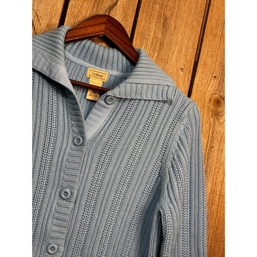 LL Bean Womens Pima Cotton Shaker Rib Knit Button Front Cardigan Sweater Blue M